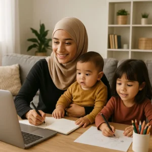A smiling woman wearing a hijab works on a laptop and writes in a notebook, while holding a baby and a young child draws next to her. This scene could represent a dedicated digital marketing expert in Alappuzha balancing work and family life.