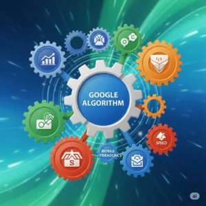 Google Algorithm diagram with interconnected gears and SEO factors. Relevant to the services offered by a digital marketing expert in Alappuzha