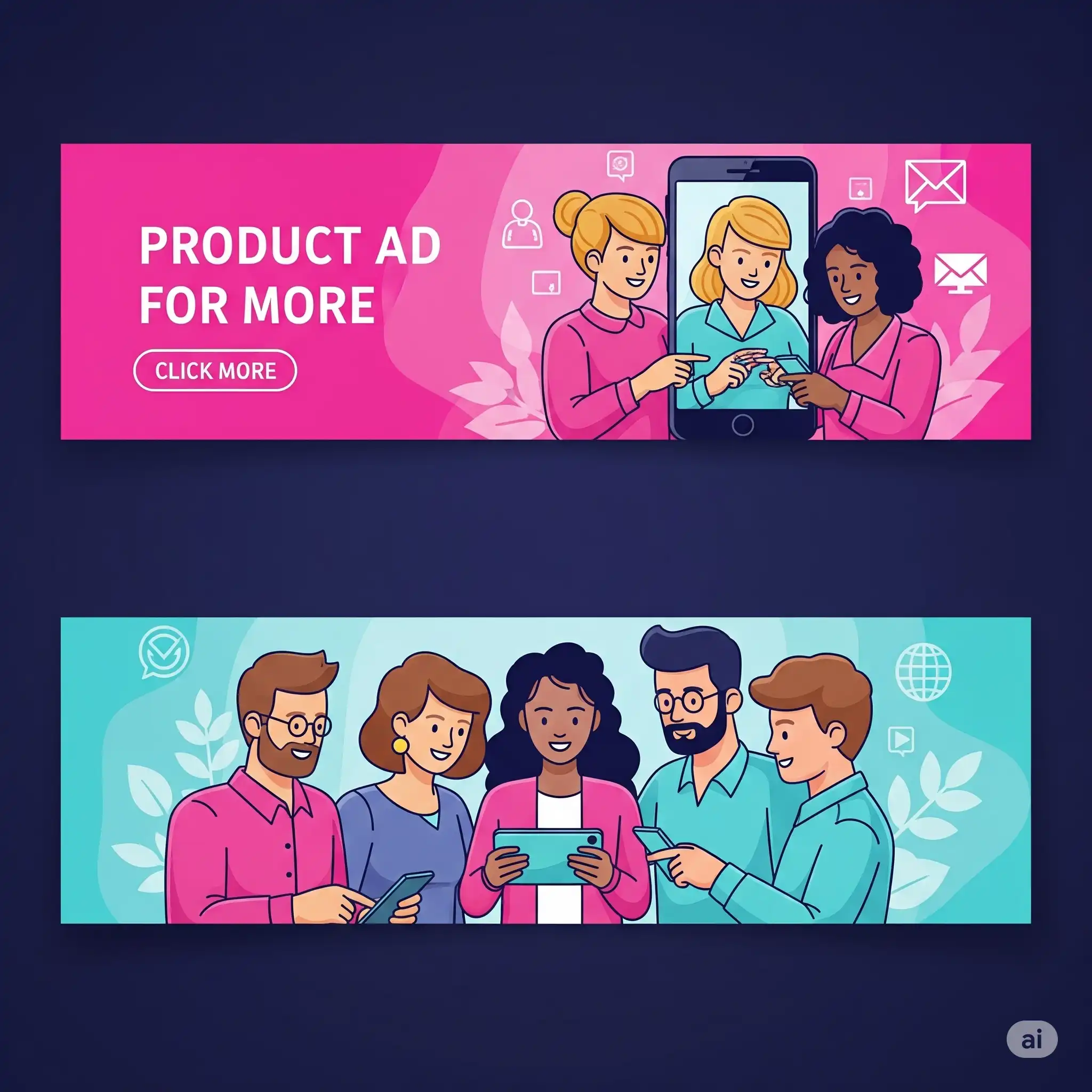 "Digital advertising banners showing people engaging with mobile content. Illustrates concepts used by a digital marketing expert in Alappuzha."