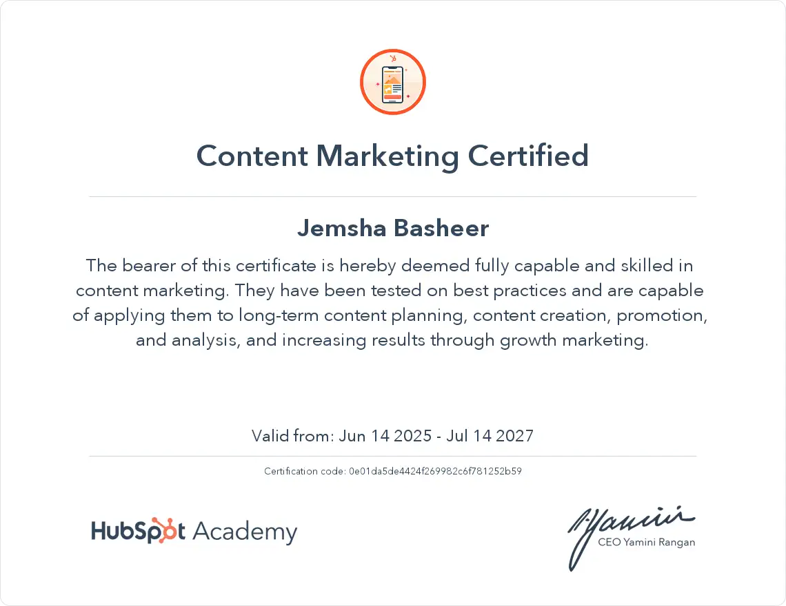 A 'Content Marketing Certified' certificate from HubSpot Academy for Jemsaha Basheer, valid from June 14, 2025, to July 14, 2027. This certification supports her expertise as a digital marketing expert in Alappuzha.