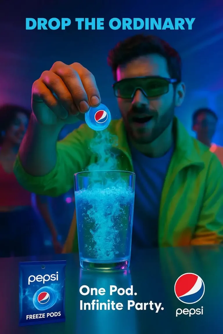 Pepsi Freeze Pods product advertisement showing product in action. An example of engaging visuals for a digital marketing expert in Alappuzha