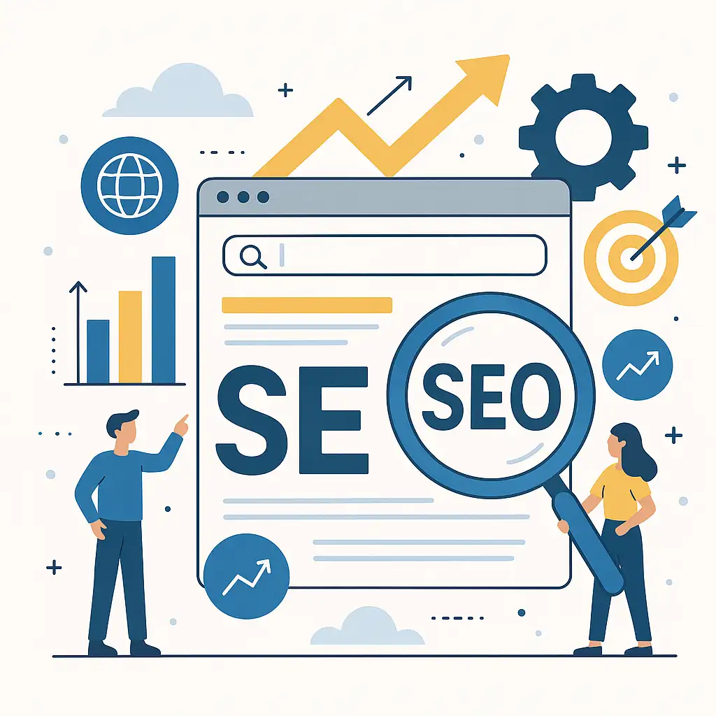 Illustration of Search Engine Optimization (SEO) concepts, including a search bar, charts, and a magnifying glass. Relevant to services offered by a digital marketing expert in Alappuzha