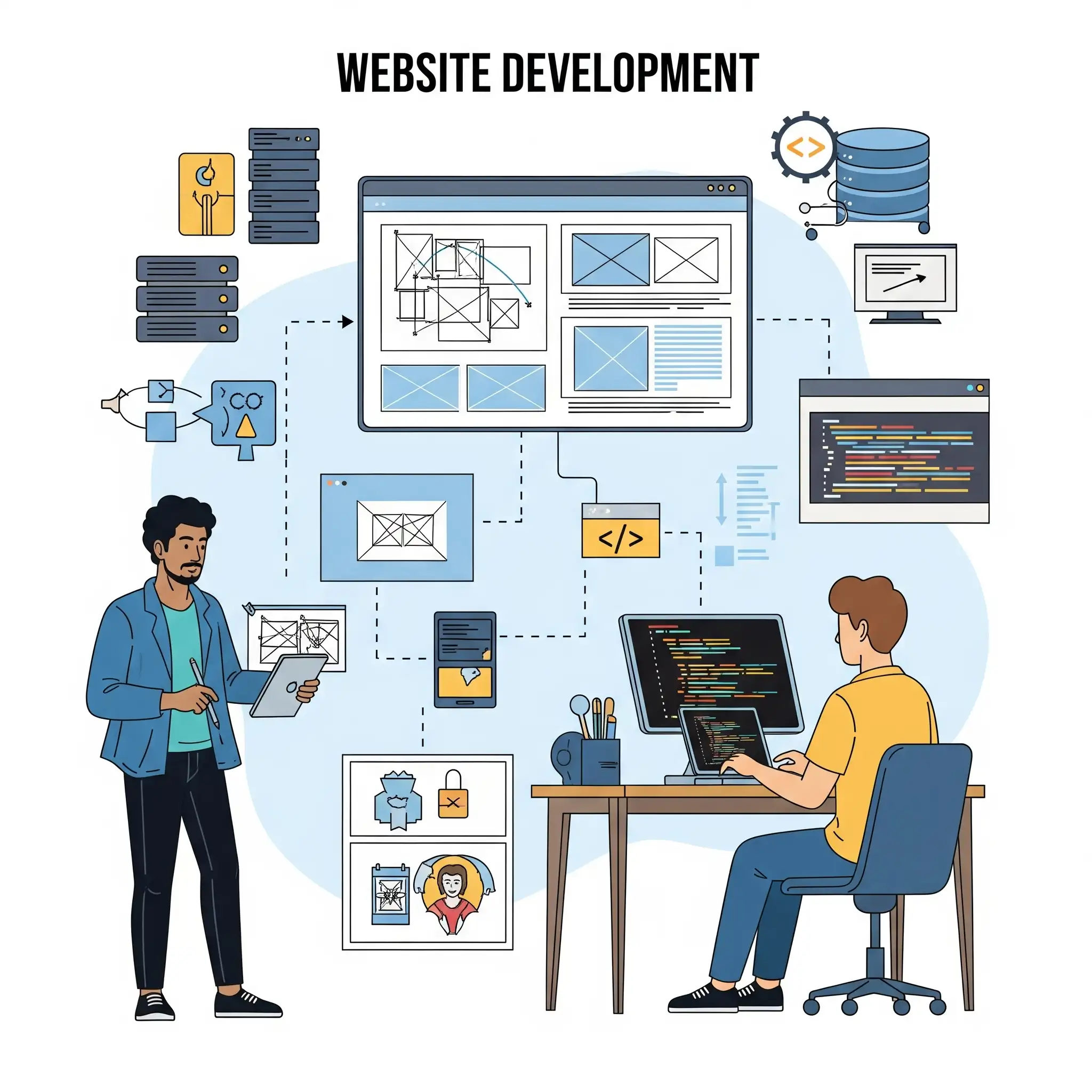 Illustration of website development process, including design, coding, and server management. A foundational service for businesses often integrated with a digital marketing expert in Alappuzha.
