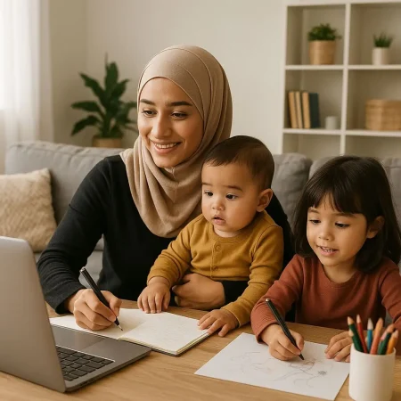 A smiling woman wearing a hijab works on a laptop and writes in a notebook, while holding a baby and a young child draws next to her. This scene could represent a dedicated digital marketing expert in Alappuzha balancing work and family life.
